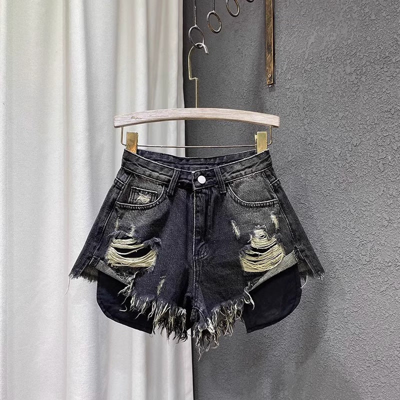 Black high waisted distressed denim shorts, front view