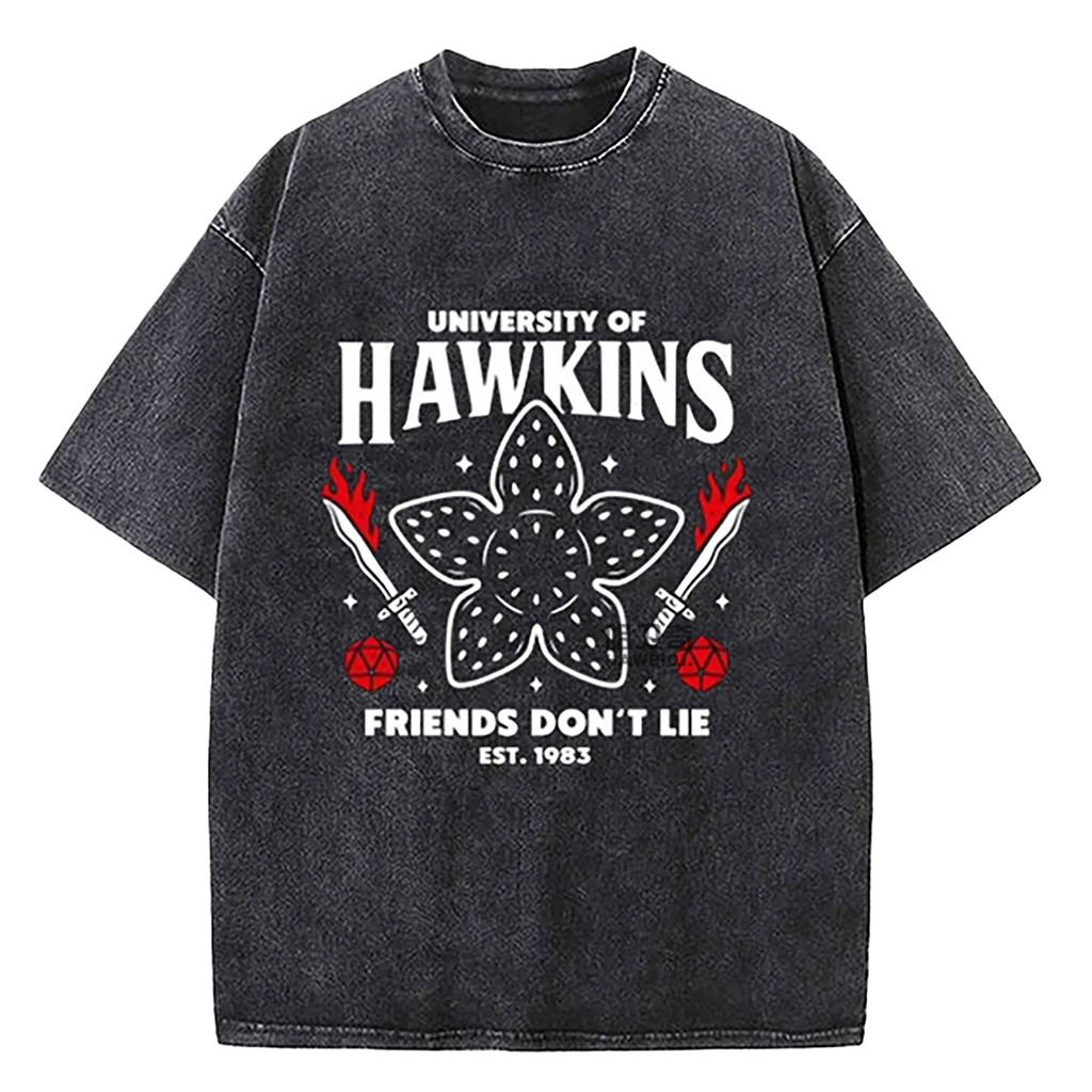 Stranger Things Washed T-Shirt Hawkins University Est 1983 Vintage Graphic Tee Black Over Zized