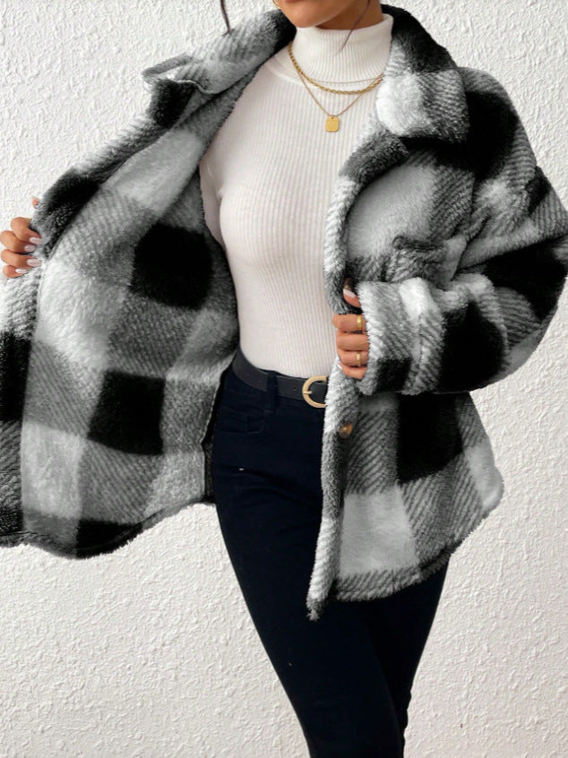 Women's plaid plush shacket in black, open front showing pocket detail
