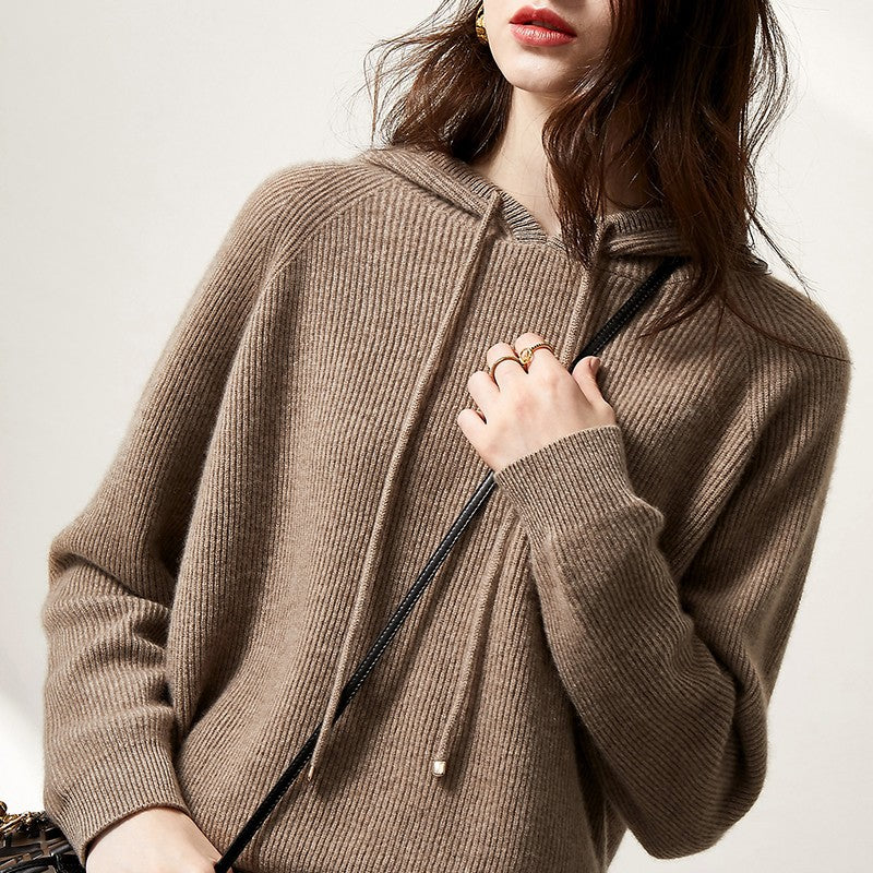 Women's blue cashmere blend hooded sweater, oversized relaxed fit with bow detail — front view