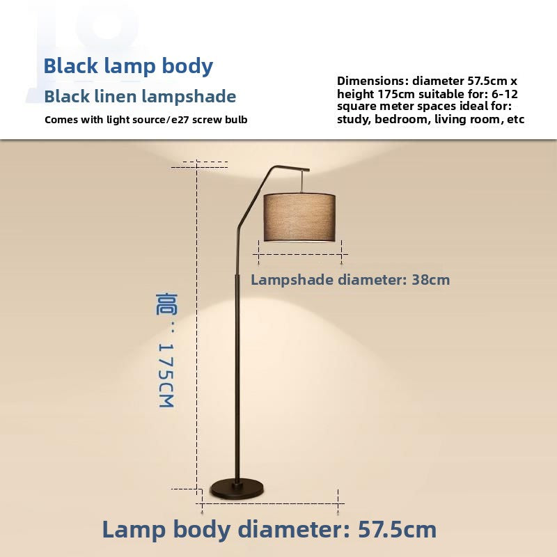 Dimension diagram of black body modern Nordic arc floor lamp with black linen lampshade, height 172.5cm and base 57.5cm.