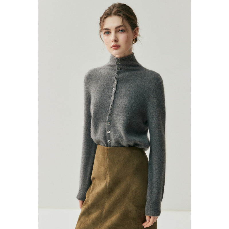 Elephant gray reversible cardigan styled with a skirt
