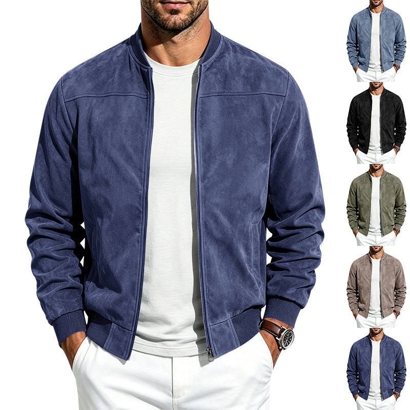 Men's retro faux suede bomber jacket with baseball collar and zip front, photo 4