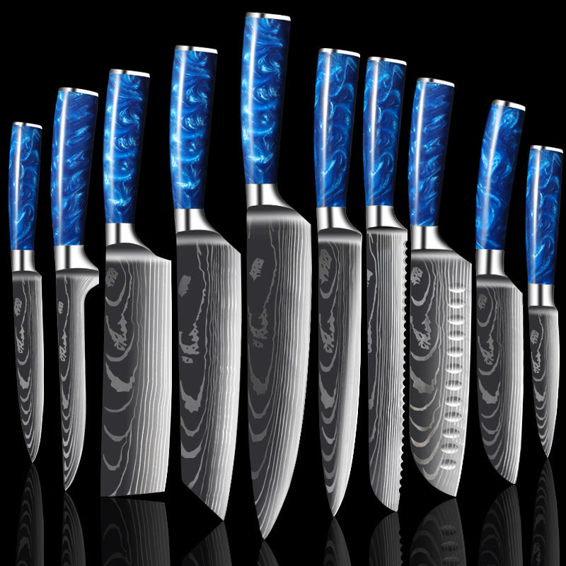 Damascus Kitchen Knife Set with Colored Wood Handles - 5/7/8 Piece Chef Knife Set