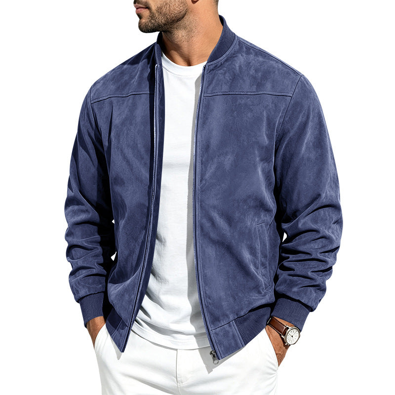 Men's retro faux suede bomber jacket with baseball collar and zip front, photo 31