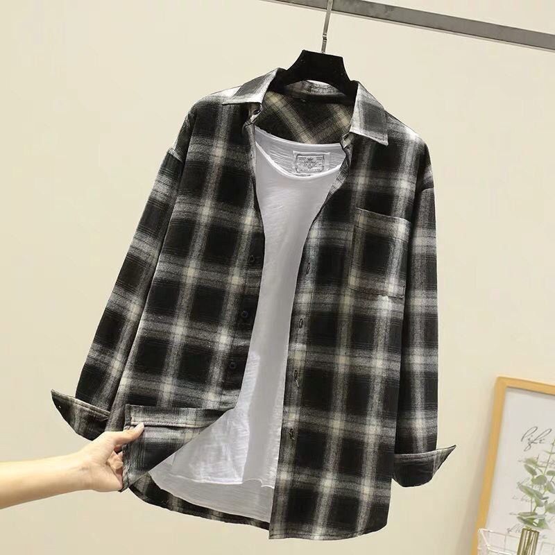 Men's cream and black plaid long sleeve shirt, sleeve cuff detail