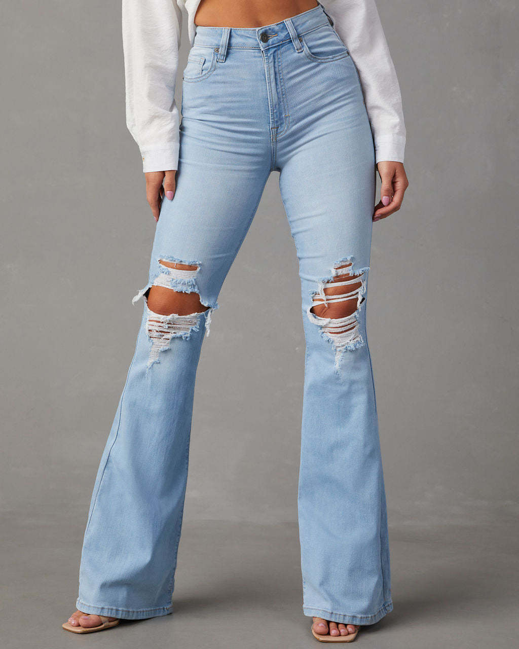 Women’s High Waisted Ripped Flared Jeans - Distressed Bell Bottom Flare Trousers