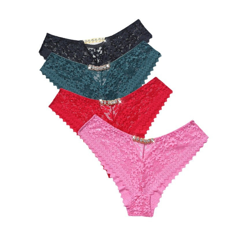  Stack of sexy lace t-back panties in black, teal, red, and pink colors
