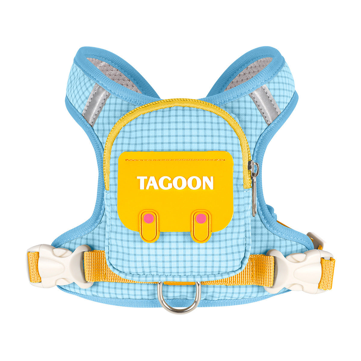 Light blue breathable mesh dog harness with built-in backpack pocket and rear D-ring
