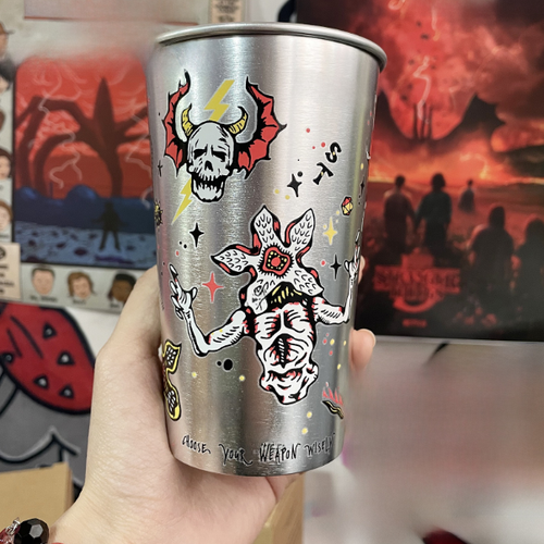Color changing aluminum tumbler, demon skull style, with lid and straw