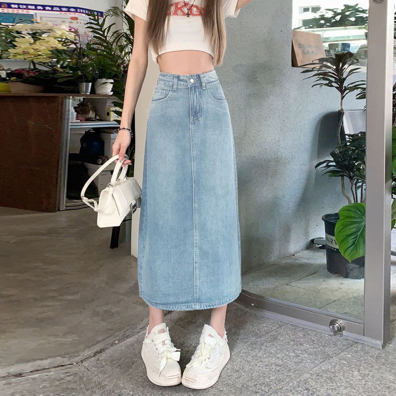 Light blue a-line denim maxi skirt, full length front view