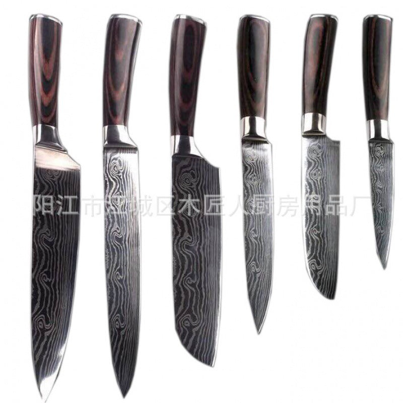 Damascus Kitchen Knife Set with Colored Wood Handles - 5/7/8 Piece Chef Knife Set