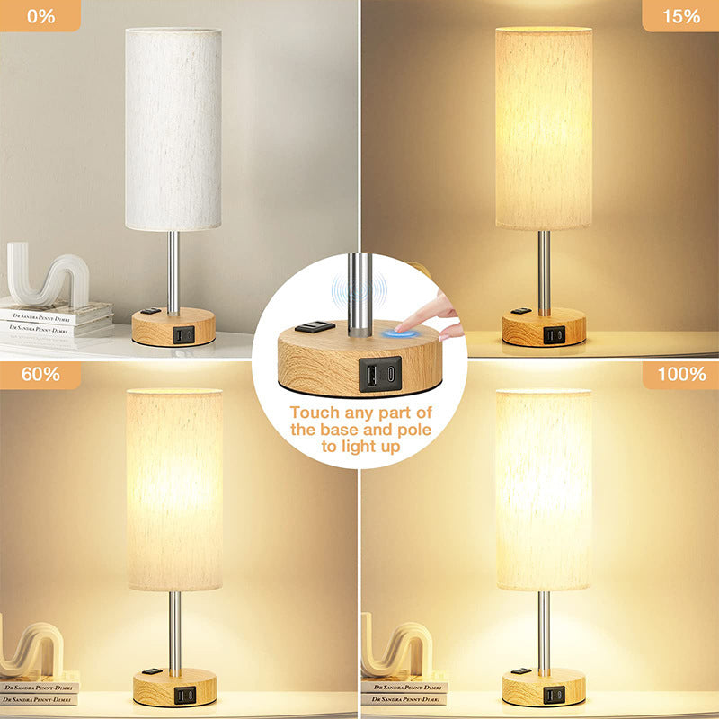 3-Speed Touch Dimmable Wood Grain Bedside Table Lamp - Fabric Shade Nightstand Light, Tabletop Plug-in