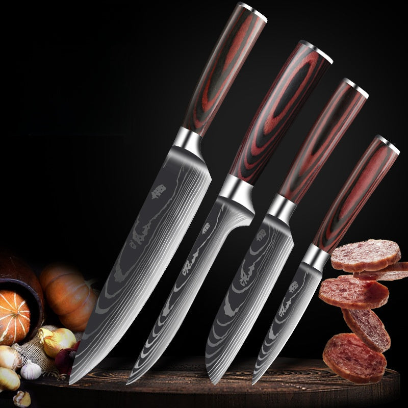 Damascus Kitchen Knife Set with Colored Wood Handles - 5/7/8 Piece Chef Knife Set