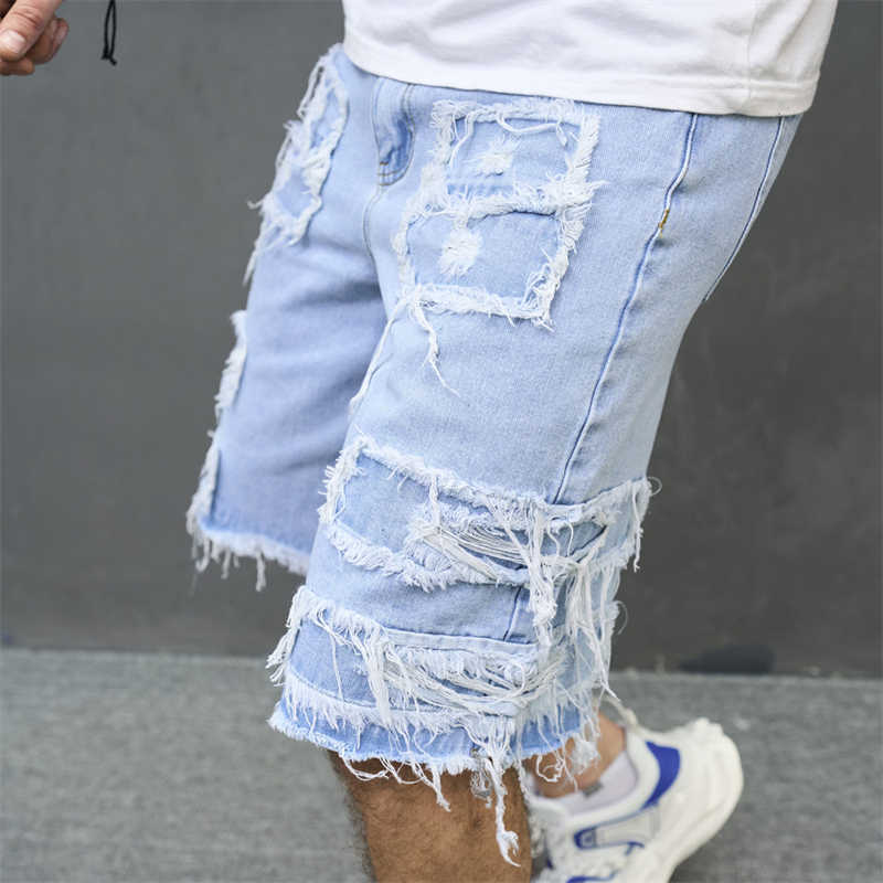 Men's baggy jorts, distressed Y2K denim shorts, loose fit blue wash