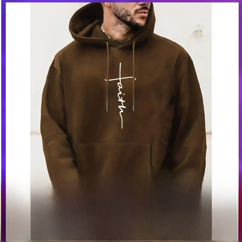 Model wearing faith hoodie in brown, front view with Faith cross graphic