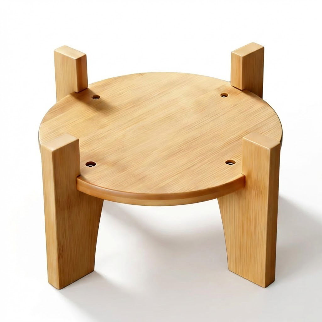 Empty round bamboo drink dispenser stand with four wooden legs, angled view