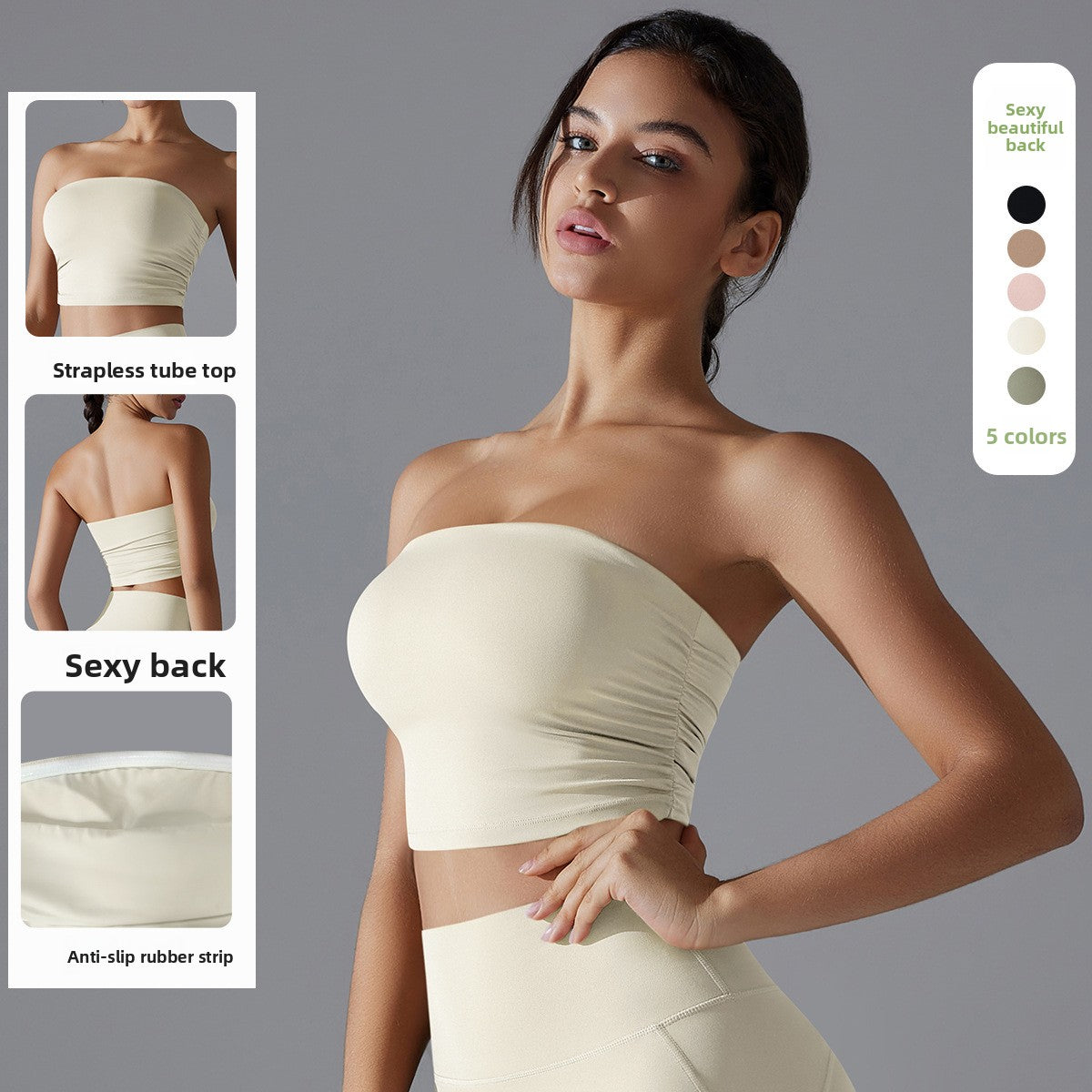 Women’s Strapless Tube Top Bra — Slim-Fit Crop Top for Yoga & Workouts, Anti-Slip Stretch