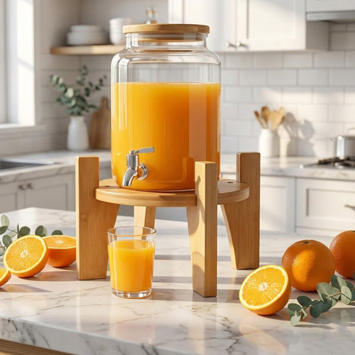 Bamboo drink dispenser stand holding a glass orange juice dispenser on a kitchen counter with a filled glass in front