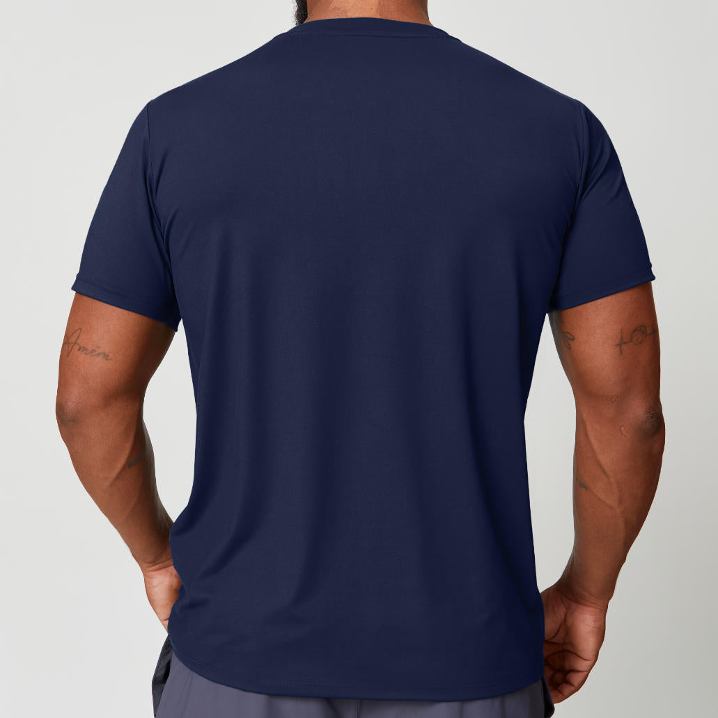 Man wearing navy blue quick-dry performance t-shirt, back view