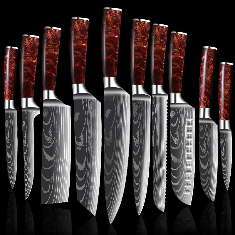 Damascus Kitchen Knife Set with Colored Wood Handles - 5/7/8 Piece Chef Knife Set
