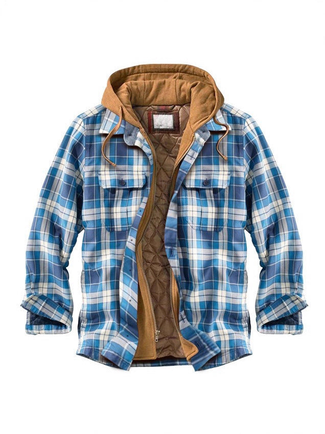 Men's plaid hooded jacket in blue and white, front view