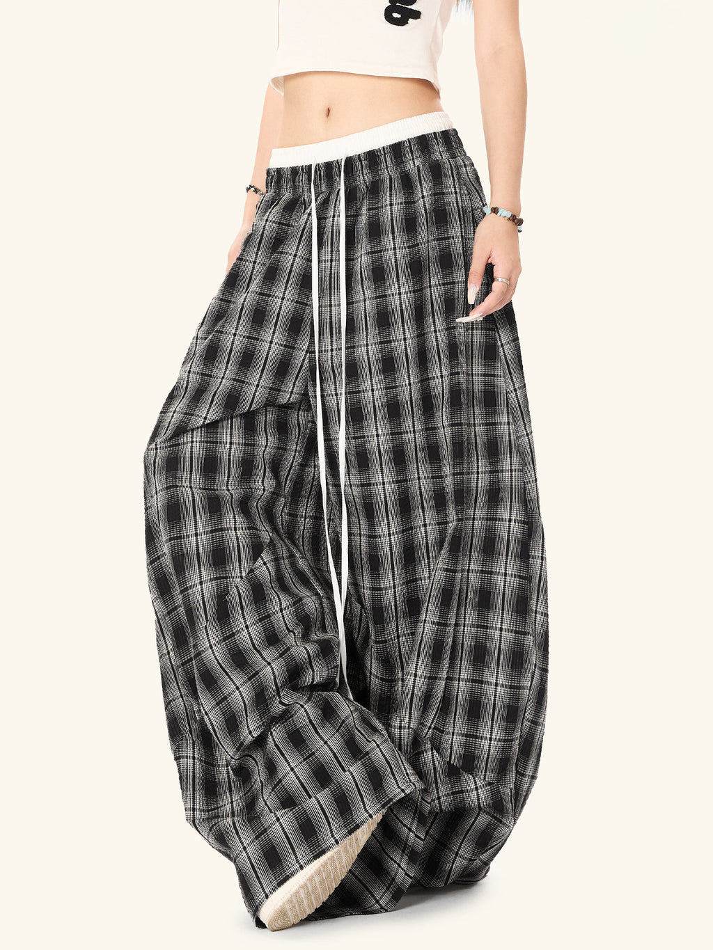 Women’s High Waist Straight Leg Plaid Pants | Black Cotton Trousers