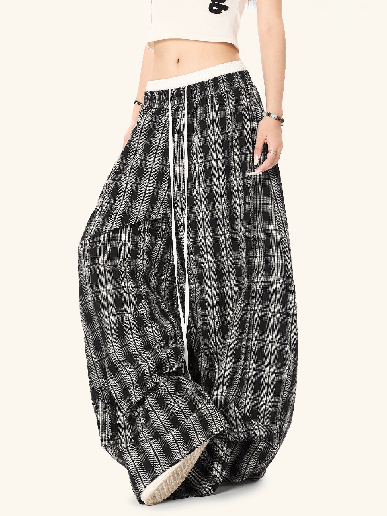 Women’s High Waist Straight Leg Plaid Pants | Black Cotton Trousers
