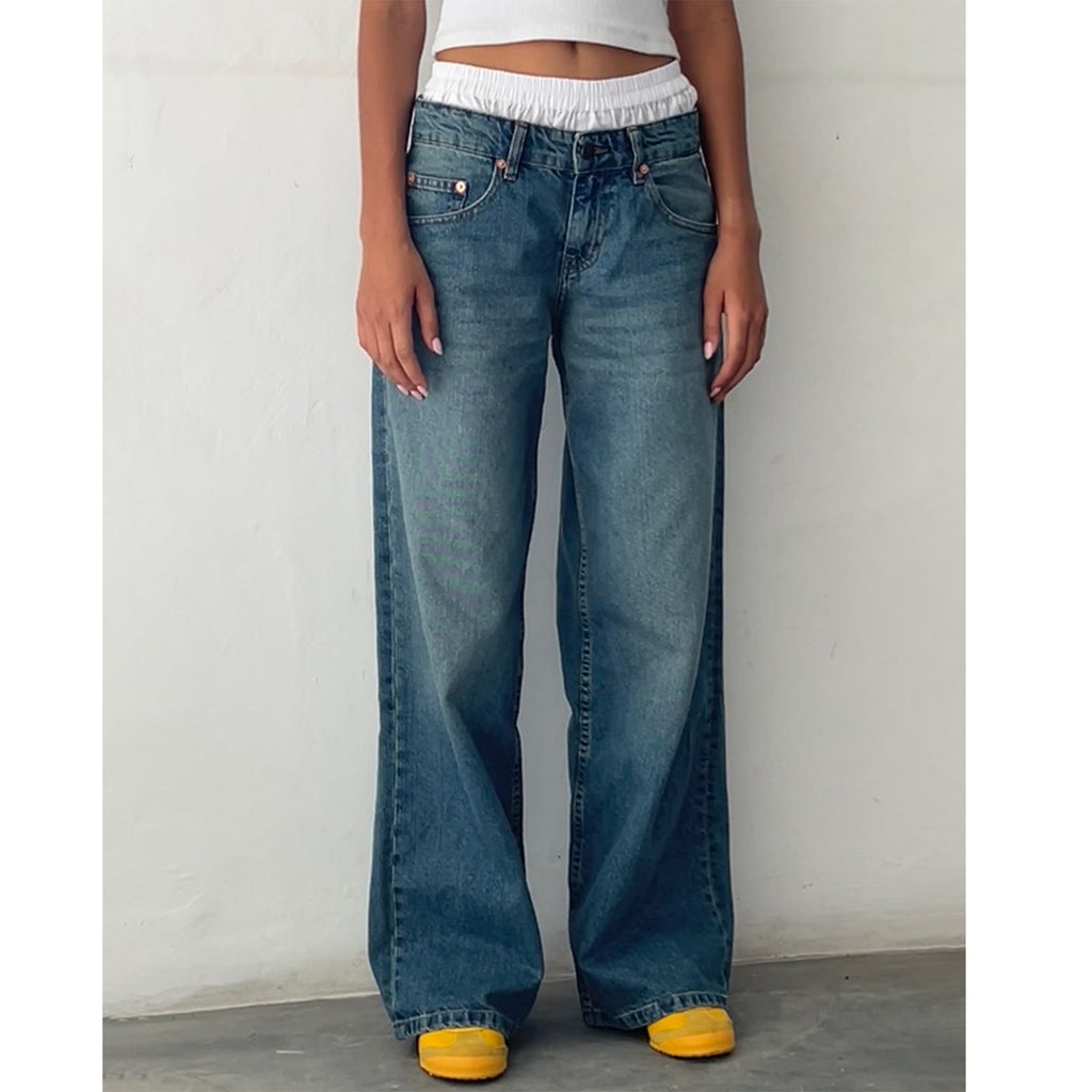 Women’s Low Rise Straight Leg Jeans – Vintage Washed Denim