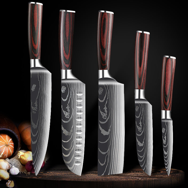 Damascus Kitchen Knife Set with Colored Wood Handles - 5/7/8 Piece Chef Knife Set