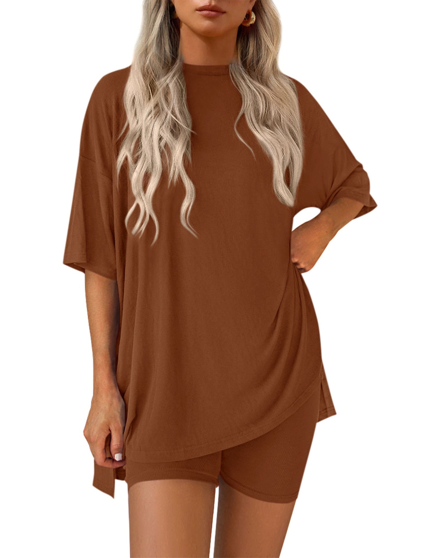 Women’s 2-Piece Modal Tencel Loungewear Set – Casual Short Sleeve Top & Shorts Matching Outfit S-XXL