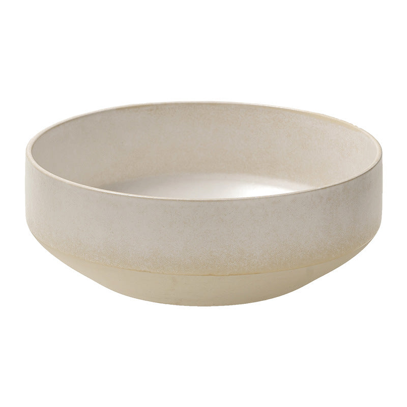 Side view of large Japanese retro ceramic serving bowl, frost flower white glaze with subtle textured ceramic surface.