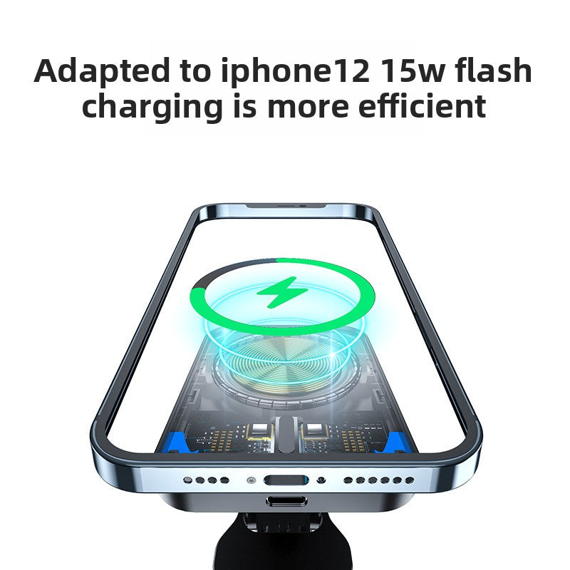Black MagSafe compatible magnetic wireless car charger 15W with adjustable holder, close-up view highlighting USB-C port and strong magnets.