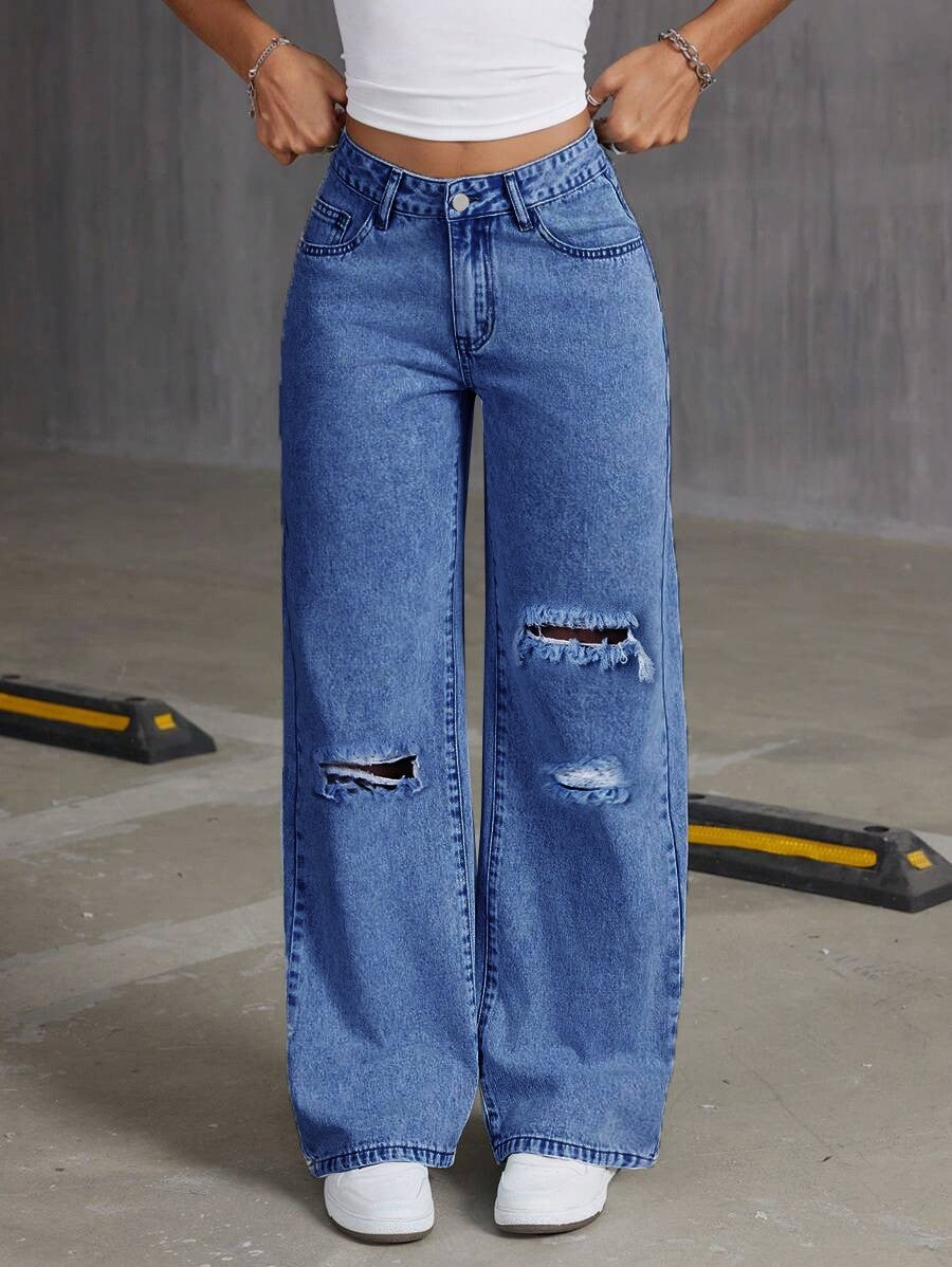 Women’s High Waisted Wide Leg Baggy Jeans – Light Blue Distressed Denim