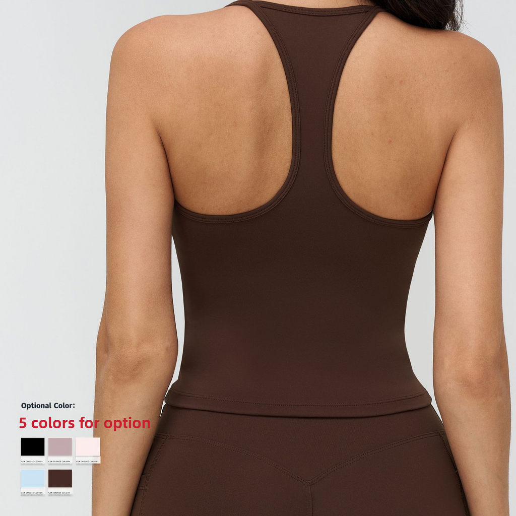 Women’s brown racerback tank top, back view showing racerback design