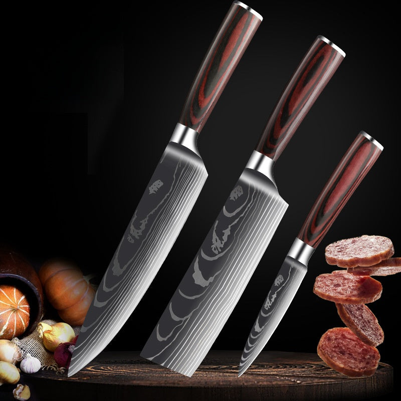Damascus Kitchen Knife Set with Colored Wood Handles - 5/7/8 Piece Chef Knife Set