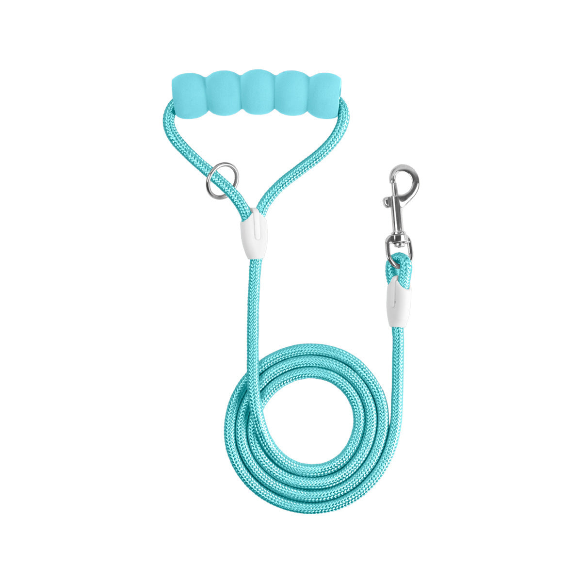 Coiled teal dog leash with padded handle for dog harness