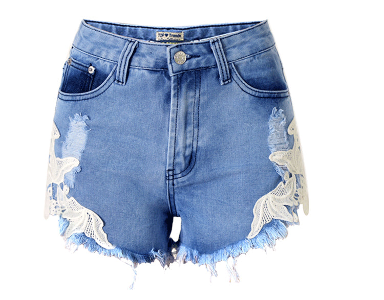 Women’s High Waist Cutoff Denim Shorts with Lace Trim – Distressed Jean Shorts for Summer