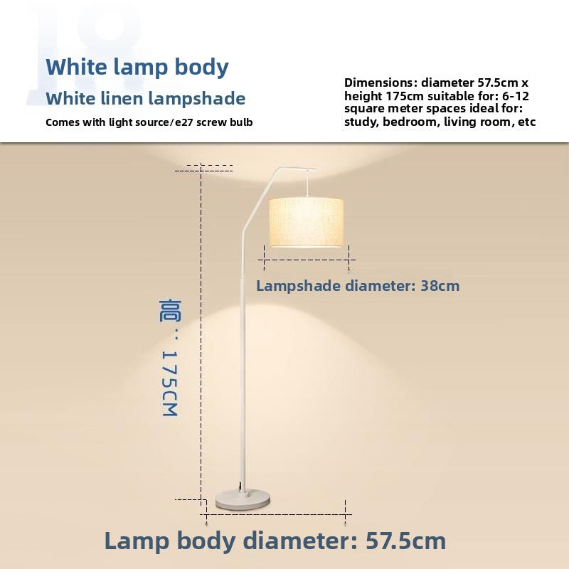 Dimension diagram of white body modern Nordic arc floor lamp with white linen shade, height 172.5cm and base diameter 57.5cm.