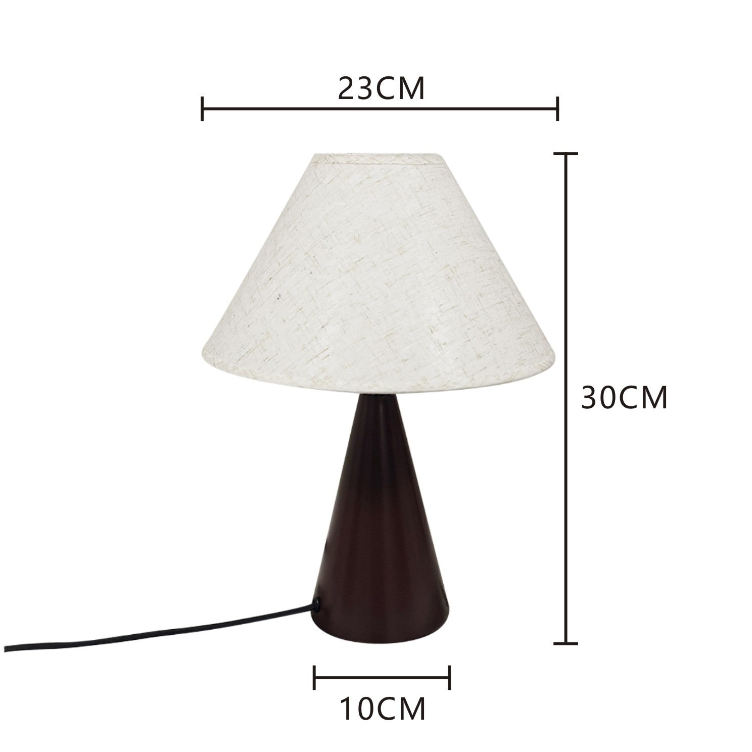 Dimensional diagram of medieval table lamp showing height 30cm, width 23cm, and base 10cm.