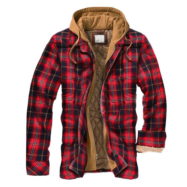 Plaid Hooded Jacket | Men's Quilted Cotton-Filled Flannel Jacket