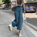 Vintage blue maxi denim skirt back slit detail, side view