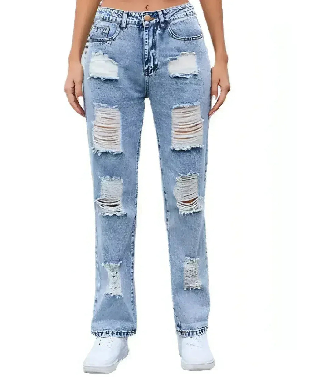 Light blue ripped straight-leg jeans front view showing bold distressed cutouts on thighs and knees