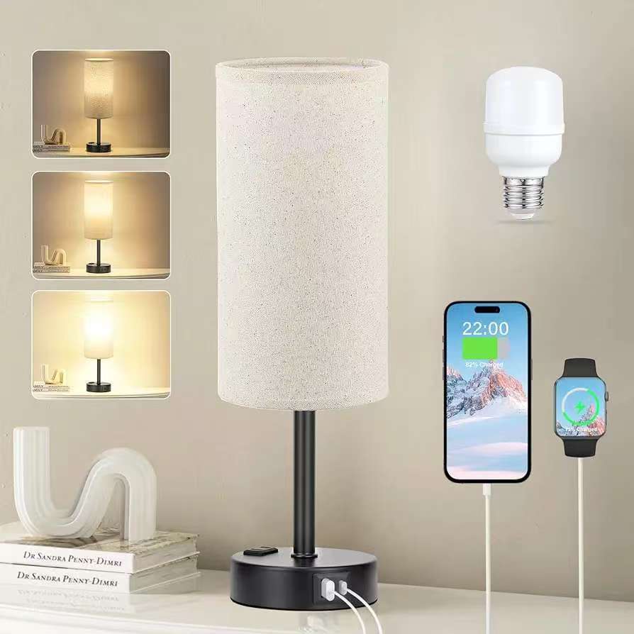 3-Speed Touch Dimmable Wood Grain Bedside Table Lamp - Fabric Shade Nightstand Light, Tabletop Plug-in
