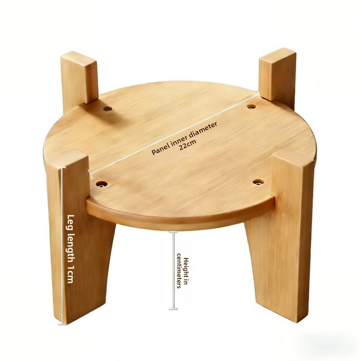 Top view of a round bamboo wine cooler stand with four legs and printed measurements