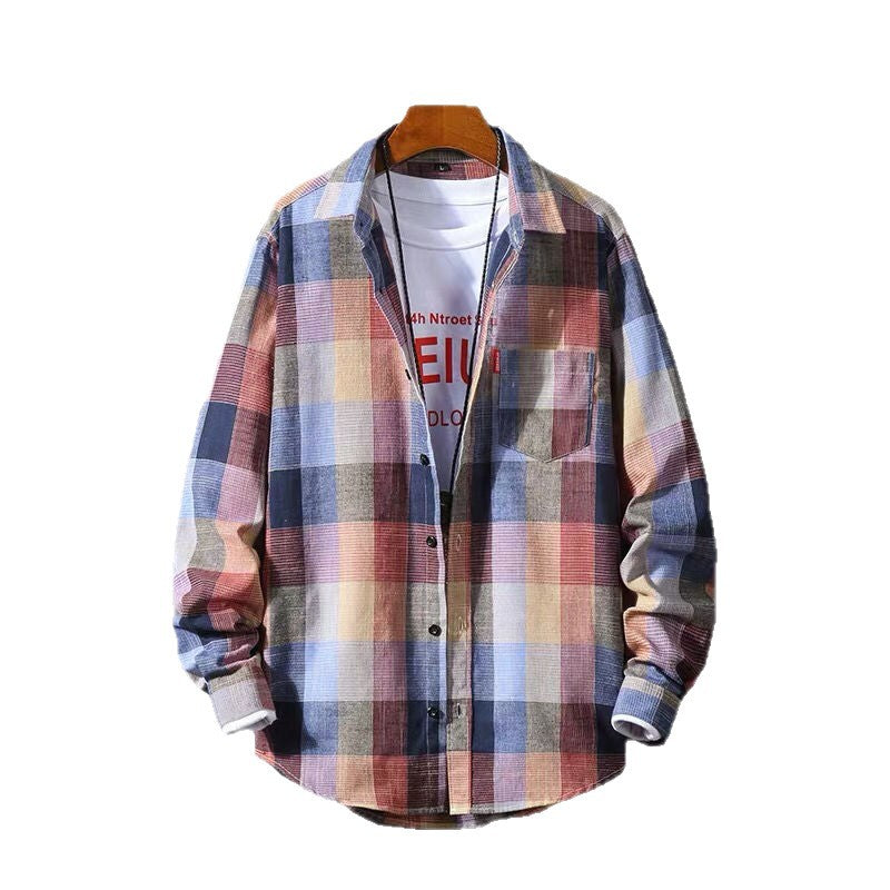 Men's black plaid long sleeve shirt on hanger, front view