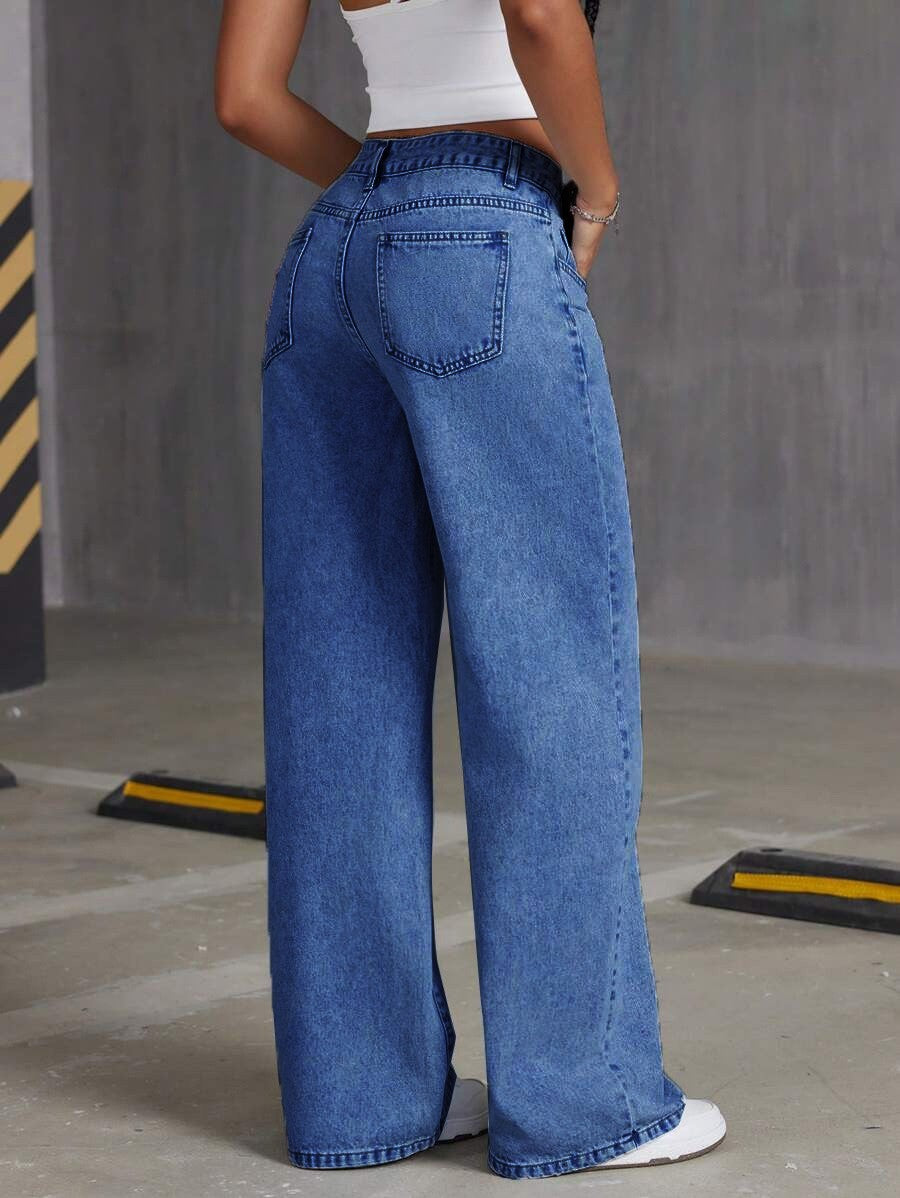 Women’s High Waisted Wide Leg Baggy Jeans – Light Blue Distressed Denim