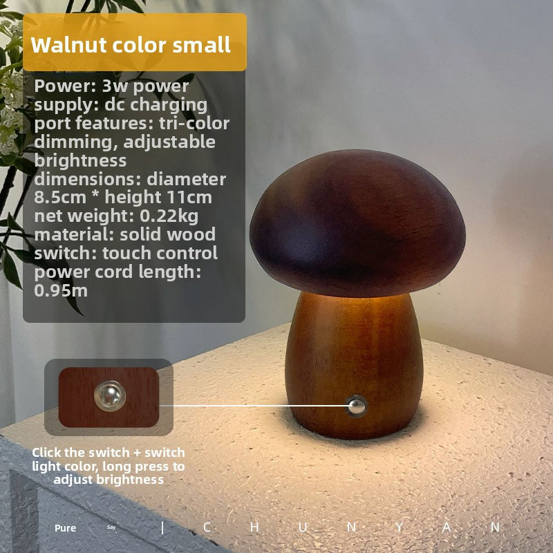 Walnut color wooden mushroom lamp in dark finish, highlighting solid wood material and touch switch