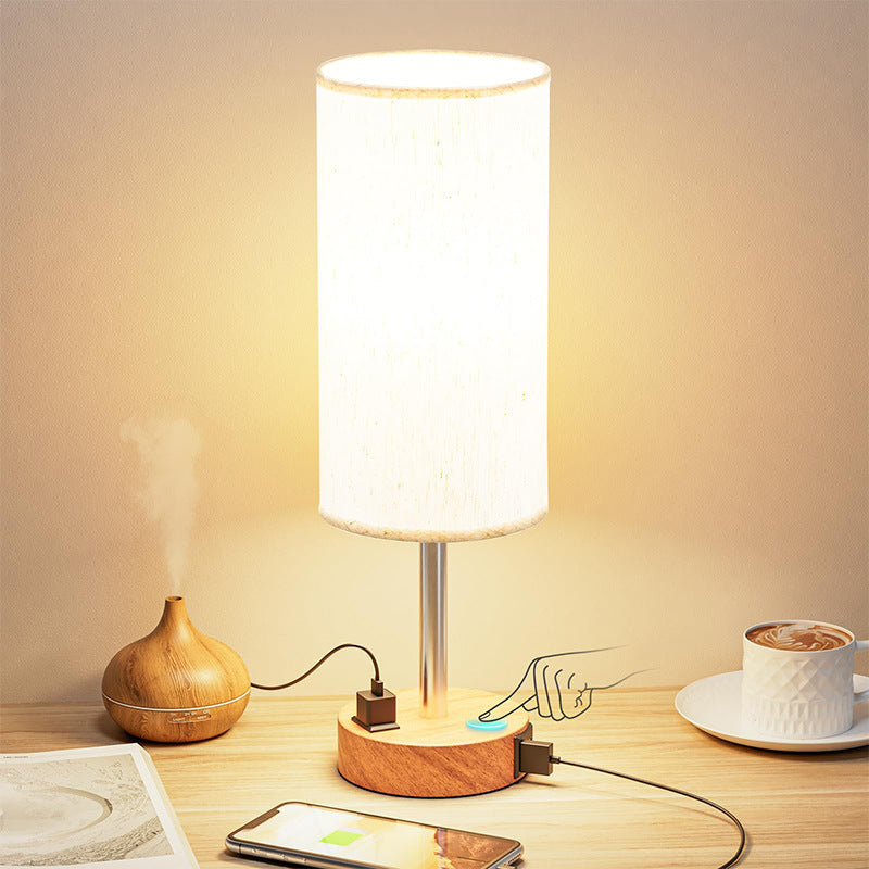 3-Speed Touch Dimmable Wood Grain Bedside Table Lamp - Fabric Shade Nightstand Light, Tabletop Plug-in