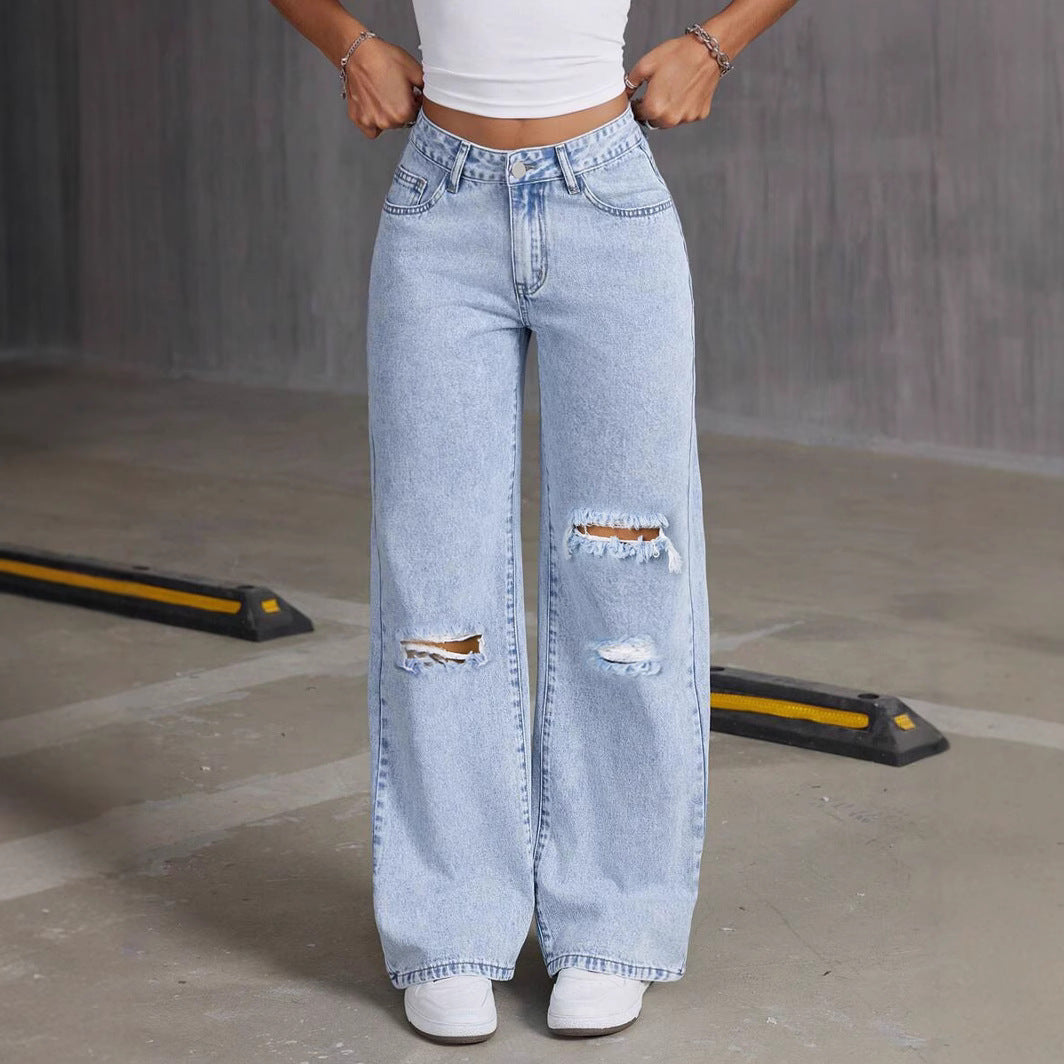 Women’s High Waisted Wide Leg Baggy Jeans – Light Blue Distressed Denim